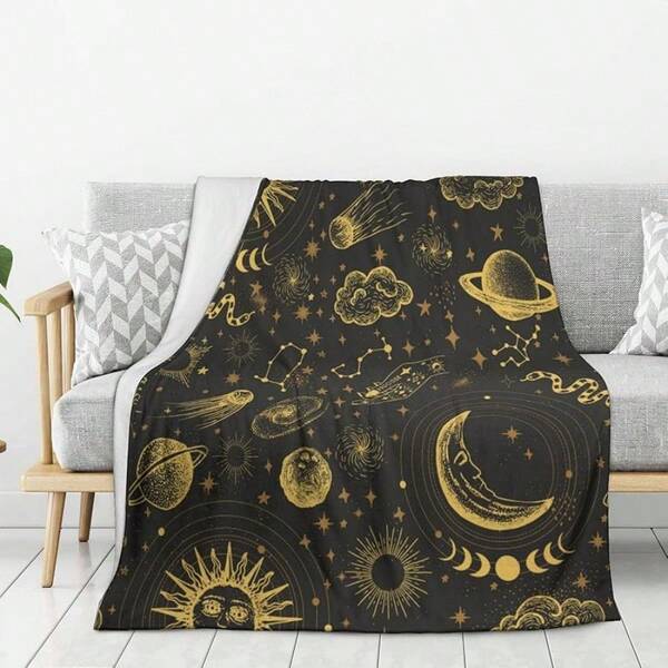 Sun And Moon Blanket Lightweight Soft And Comfortable Gift For Fantasy Lovers Sky Starry Sky Blanket, Multi-Purpose Blanket, 280G Fabric Weight Flannel Fabric Single-Sided Printing, Next Day Shipping 280G/M2