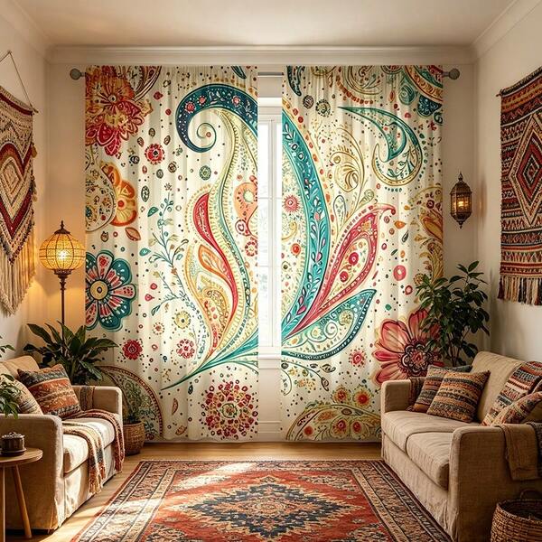 2PCS Bohemian Floral Themed Curtains With Paisley Pattern Design, Pole Pockets, Privacy Protection, Room Decoration Curtains, Living Room Curtains, Versatile Decorative Curtains, Machine Washable, Suitable For All Seasons,Excluding Straps